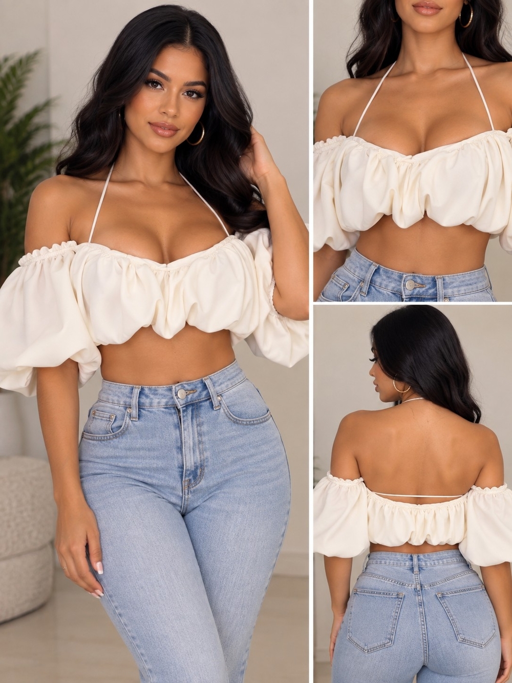 Zara Cream Off-Shoulder Puff Sleeve Crop Top